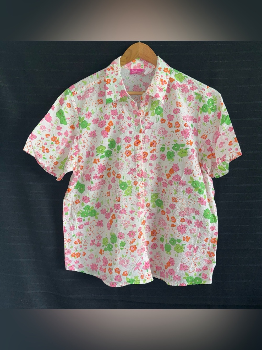 Cappagallo White Pink Floral Short Sleeve Blouse Shirt L Button Up Cottagecore